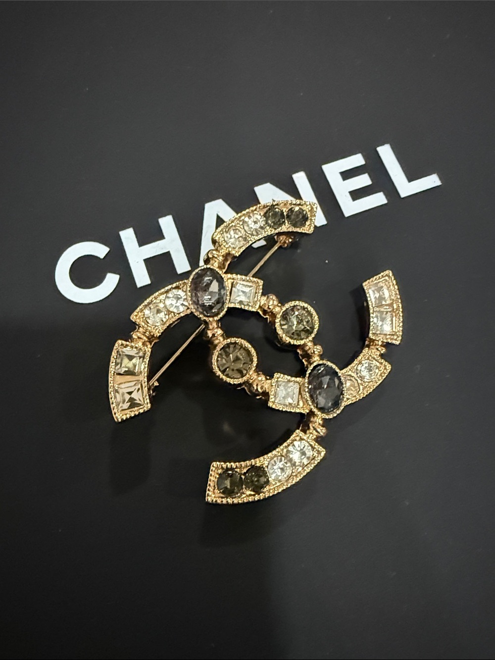 Upcycled CC Gold-Tone CC Brooch with Clear and Smoke Crystals